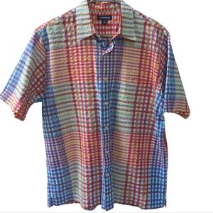 Lands End, Short Sleeve Multicolor Checked Seersucker Shirt. Medium